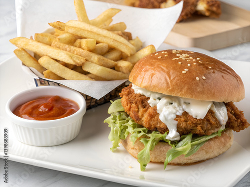 Zinger Burger with Crispy Fries and Tangy Ketchup