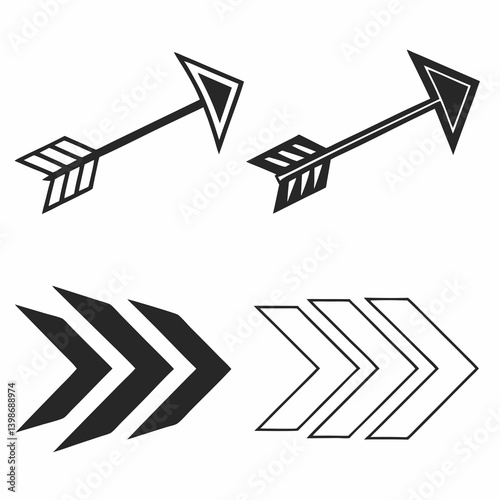 Arrow Vector Icons Set Black and White Outline Filled Chevron Designs Arrowheads Fletching Graphic Symbols Direction Navigation Simple Geometric Style Design