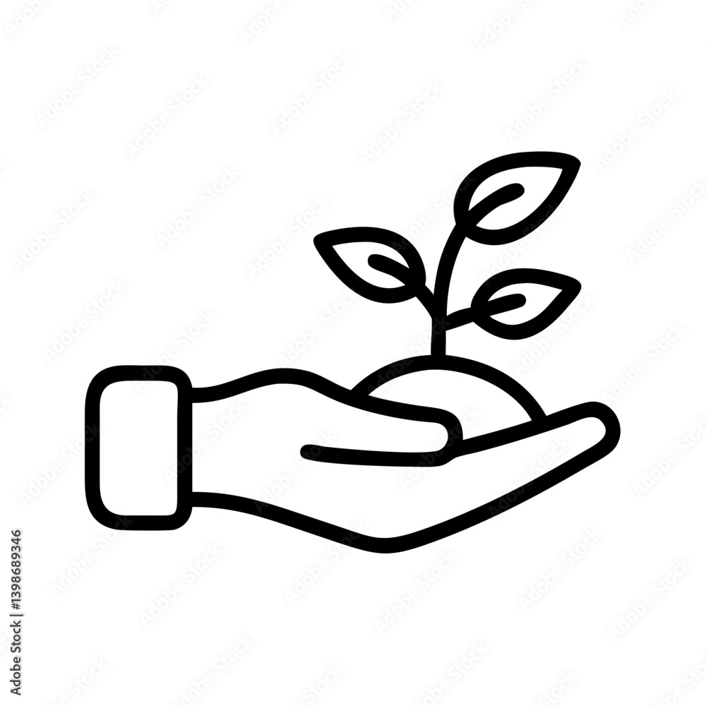 Ícone de mão segurando uma planta brotando, vetor PNG com fundo transparente ou branco para conceito de design ecológico
