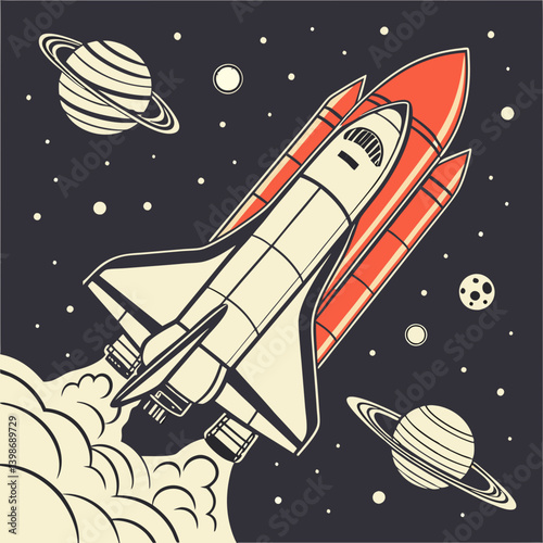 Retro Cartoon Space Shuttle Launch Illustration - Vintage Rocket in Space with Planets and Stars