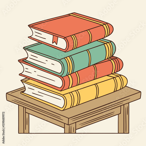 Top View Colorful Cartoon Stacked Books on Wooden Table for Reading Education and Literature