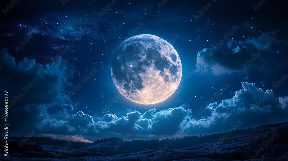 Fototapeta premium Night sky moon landscape wallpaper full moon bright moonlight starry night clouds dark blue background serene 100