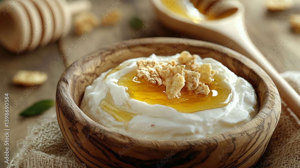 Delicious greek yogurt with honey and granola in wooden bowl healthy breakfast food photography Delicious greek yogurt with honey and granola in wooden bowl healthy breakfast food photography