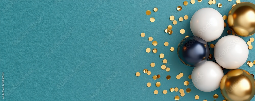 Celebration event with gold confetti and balls on teal background festive scene close-up view joyful atmosphere Celebration event with gold confetti and balls on teal background festive scene close-up view joyful atmosphere