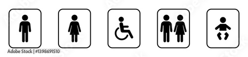 Set of restroom and accessibility icons including male, female, wheelchair, unisex, and baby symbols on a white background. Icon, vector.