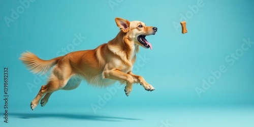 A Golden Retriever Puppy in Mid-Air Leaping Towards a Tasty Treat Against a Vibrant Blue Background