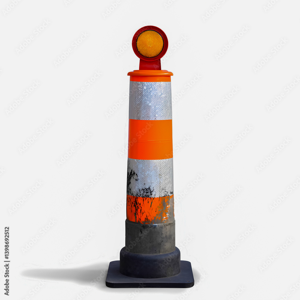 Single traffic cone with reflective stripes and light against white background Single traffic cone with reflective stripes and light against white background