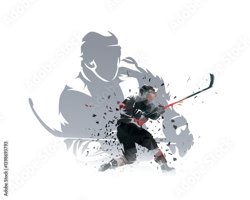 Ice hockey. sports double exposuere illustration. Hockey player shooting puck, isolated vector illustration, geometric drawing