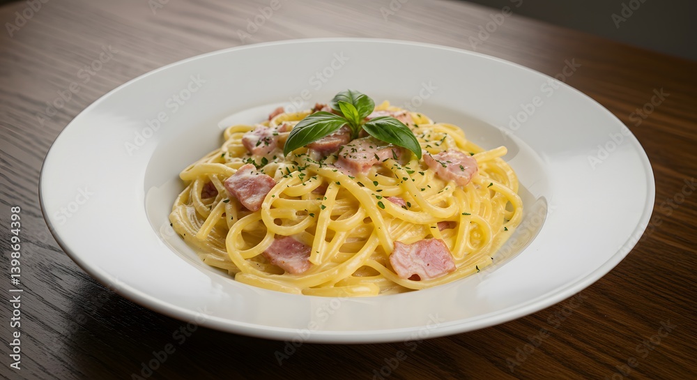 Italian pasta carbonara served hot on a restaurant table. Italian pasta carbonara served hot on a restaurant table.