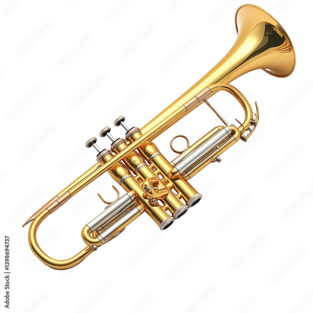 Close-up of a shiny brass trumpet showcasing its intricate design and valves Close-up of a shiny brass trumpet showcasing its intricate design and valves