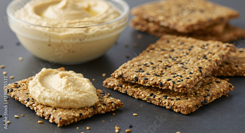 Gluten Free Sesame Seed Crackers with Creamy Hummus Dip Presentation