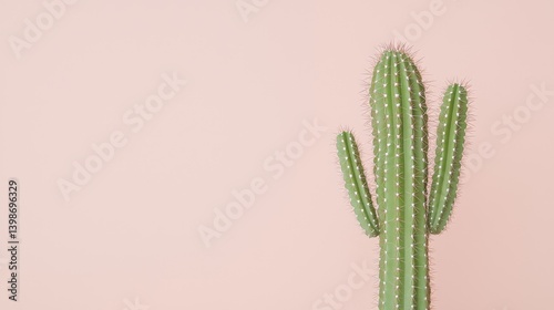 A single, vibrant green cactus against a soft peach background.  The cactus displays its unique ribbed texture, spiky spines, and small, light pink dots.  It's a visually appealing,