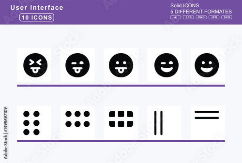Set of 5 solid user interface icons, file, psd, icon, flat, vector, signature, files, medical, spreadsheet, upload, user, video, word