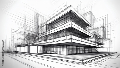 modern architecture building construction perspective design building sketch line drawing on white background