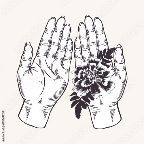Two hands holding a flower black and white vector illustration. Marigold flower is small and delicate. Hands are open and welcoming in engraving style. Ink art on astrology theme