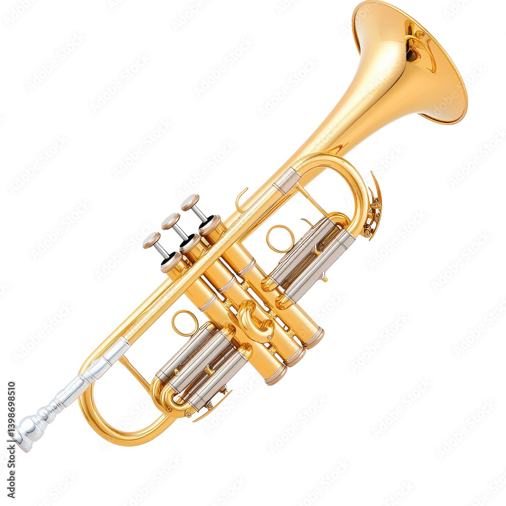 Obraz premium Close-up of a shiny brass trumpet showcasing its intricate design and valves (1)