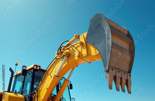 Yellow excavator bucket detail blue sky. Heavy machinery, industrial equipment for digging, earthmoving operations, construction. Construction machinery for building. Close-up of excavator bucket.