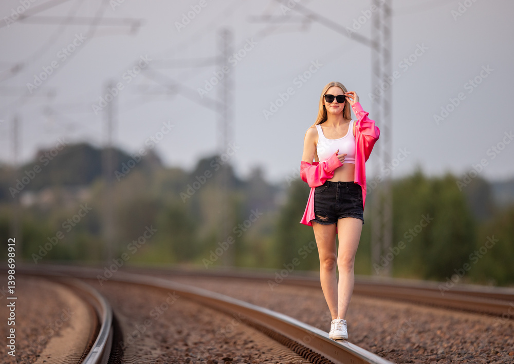Fototapeta premium Happy Girl Wearing Sunglass Is Walking on the Railway. Blurry Background, Soft Golden Hour Light