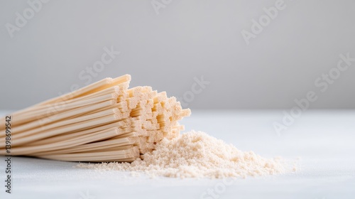 Uncooked noodles on a light surface with scattered flour