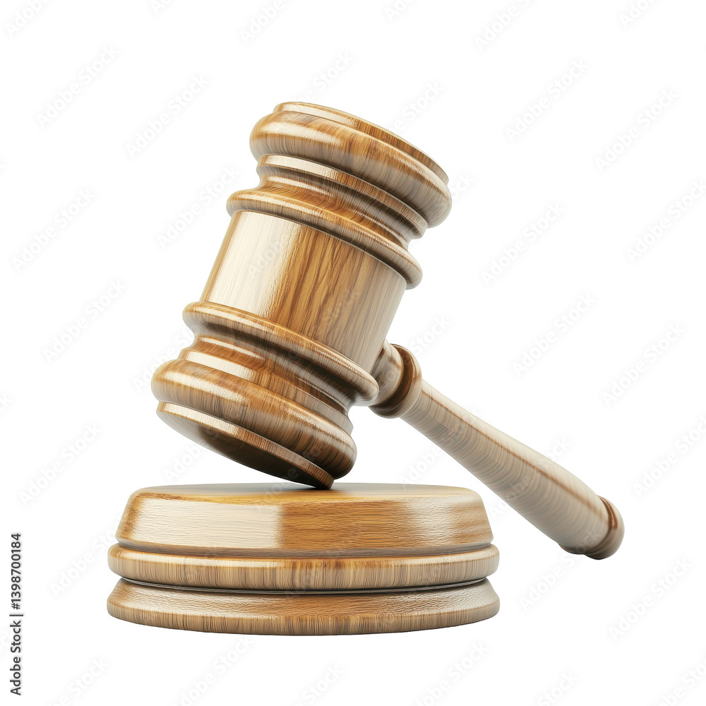 Wooden gavel resting on a round base, symbolizing justice in a courtroom setting Wooden gavel resting on a round base, symbolizing justice in a courtroom setting