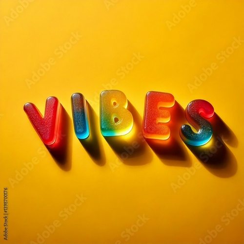 Word Vibe Lettering Made of Glossy Rainbow Gummy Candy, Playful and Colorful Typography Design