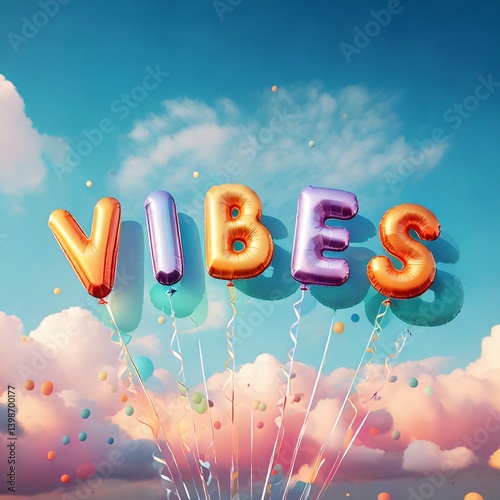 Palabra Vibe Balloon Lettering Floating in a Dreamy Pastel Sky, Whimsical and Colorful Design