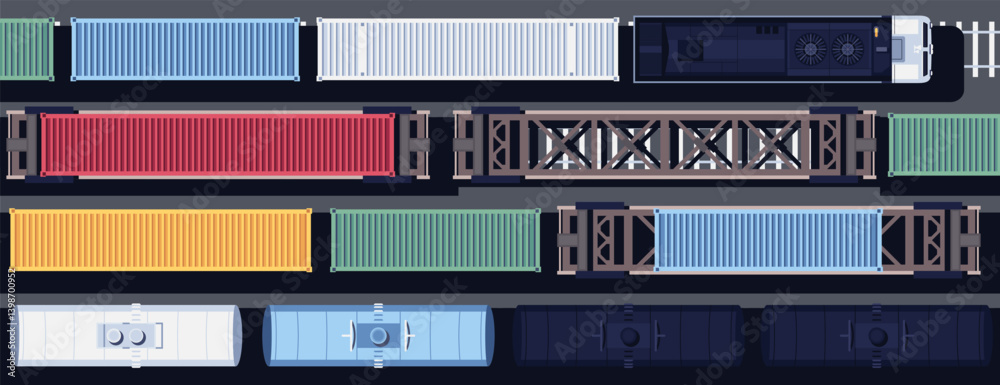 Trains set top view. View from above. Modern freight train. Locomotive with wagons and tanks on the railroad. Railway station. Vector illustration. Realistic design. Cartoon flat style.
