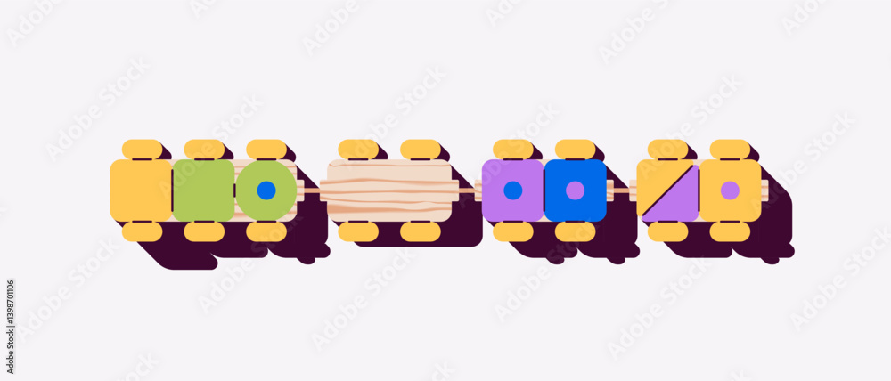Wooden train with wagons. Educational game for children. top view, view from above. Vector illustration. Bright colors. Cute funny building toy for kids. Flat design. Simple shapes, cubes, blocks.