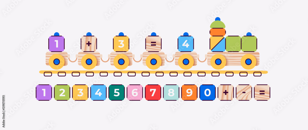Wooden train with cube trailers. Educational game with numbers for children. Vector illustration. Bright colors. Cute toy for kids. Flat design. Simple shapes. Study of counting, arithmetic, math.