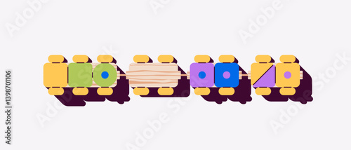 Obraz na płótnie Wooden train with wagons. Educational game for children. top view, view from above. Vector illustration. Bright colors. Cute funny building toy for kids. Flat design. Simple shapes, cubes, blocks. w salonie