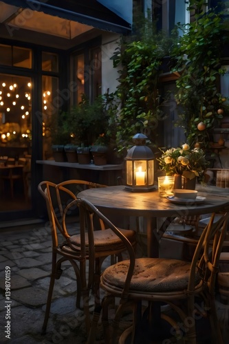 A table with a candle and two chairs is lit up in the dark