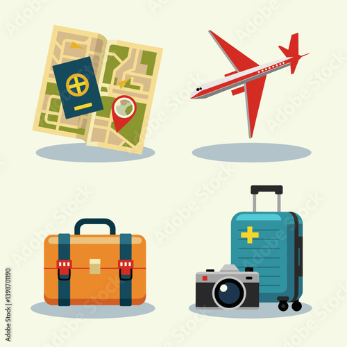 travel vector set, holiday icons, adventure stickers, tourist essentials