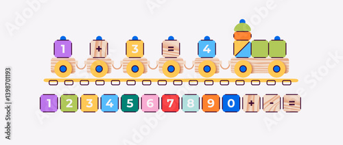 Obraz na płótnie Wooden train with cube trailers. Educational game with numbers for children. Vector illustration. Bright colors. Cute toy for kids. Flat design. Simple shapes. Study of counting, arithmetic, math. w salonie