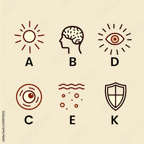 Set of 6 outline minimal vitamin icons – A, B, C, D, E, K with metaphoric symbols: sun, brain, eye, skin, shield. Warm terracotta line color, soft curves.

