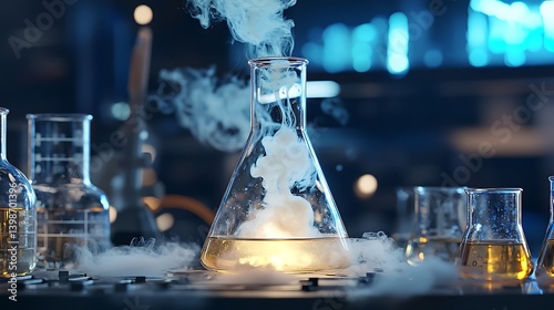 A laboratory scene with smoke rising from a chemical reaction in a glass beaker, highlighting experimentation.