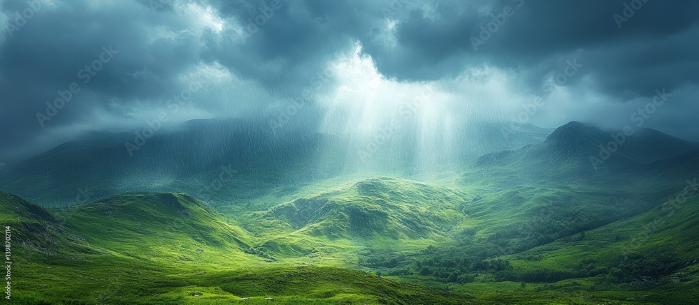 Radiant light piercing through stormy clouds over rolling green hills. Radiant light piercing through stormy clouds over rolling green hills.