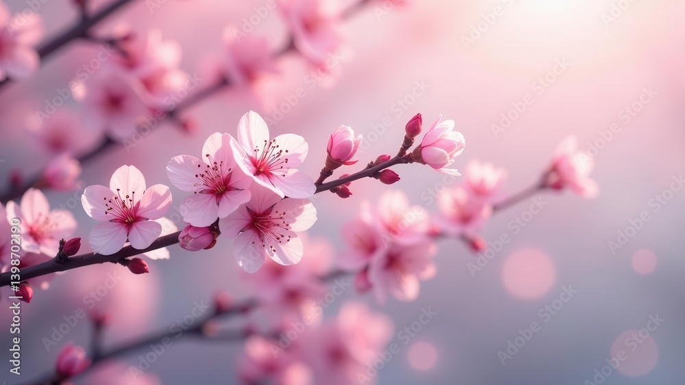 Obraz premium Delicate Pink Blossoms on a Branch in Soft Light, a Symbol of Spring's Gentle Arrival and the Promise of New Beginnings