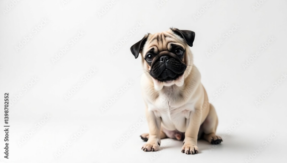 A single, charming pug against a stark white backdrop, white, mammal, pet photography A single, charming pug against a stark white backdrop, white, mammal, pet photography