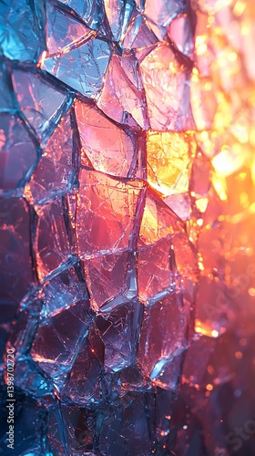 Shattered glass fragments, suspended in mid-air, refracting vibrant light into a spectrum of colors against a gradient backdrop.