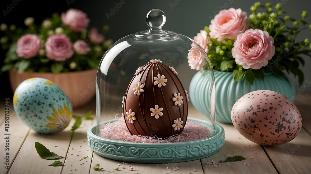 Fototapeta premium œuf de pâques en chocolat dans une cloche en verre, et œufs colorés sur la table de printemps, bonnes fêtes de Pâques
