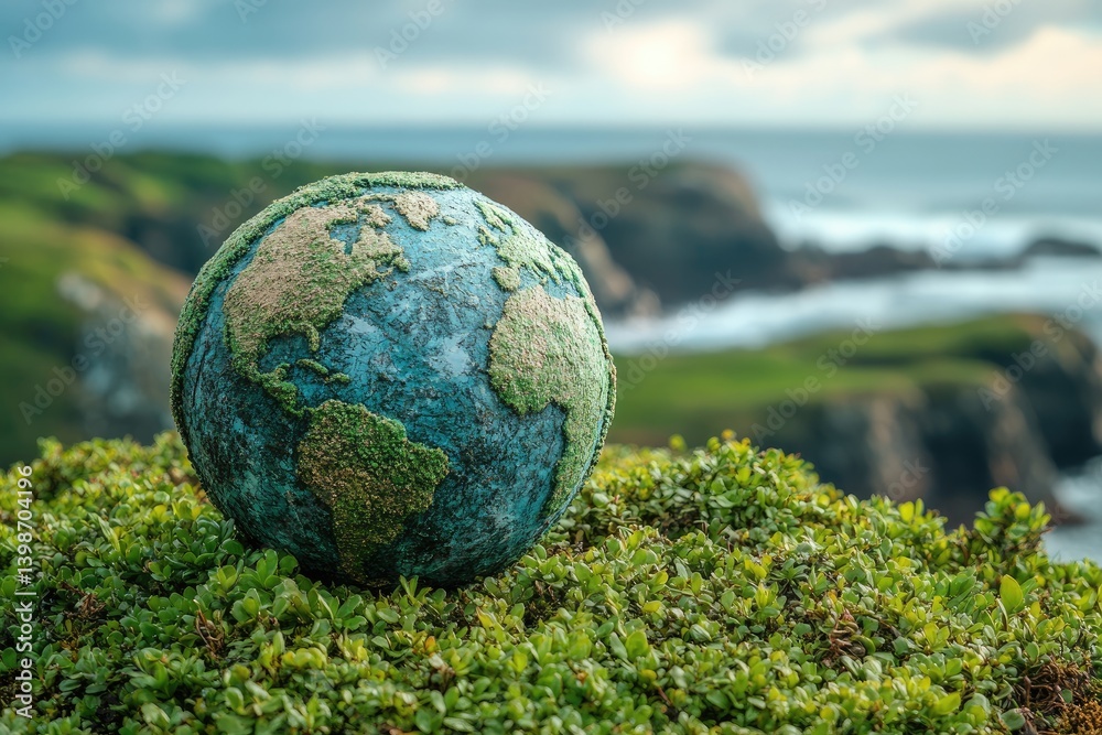 A model globe covered in moss sits on green foliage