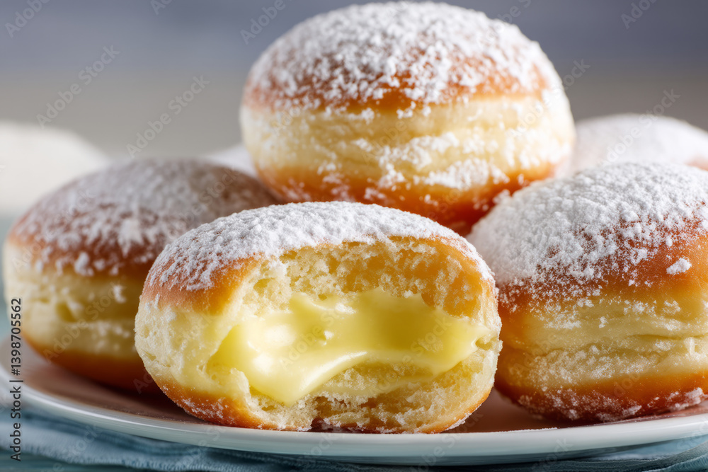 Custard filled donuts with powdered sugar Custard filled donuts with powdered sugar