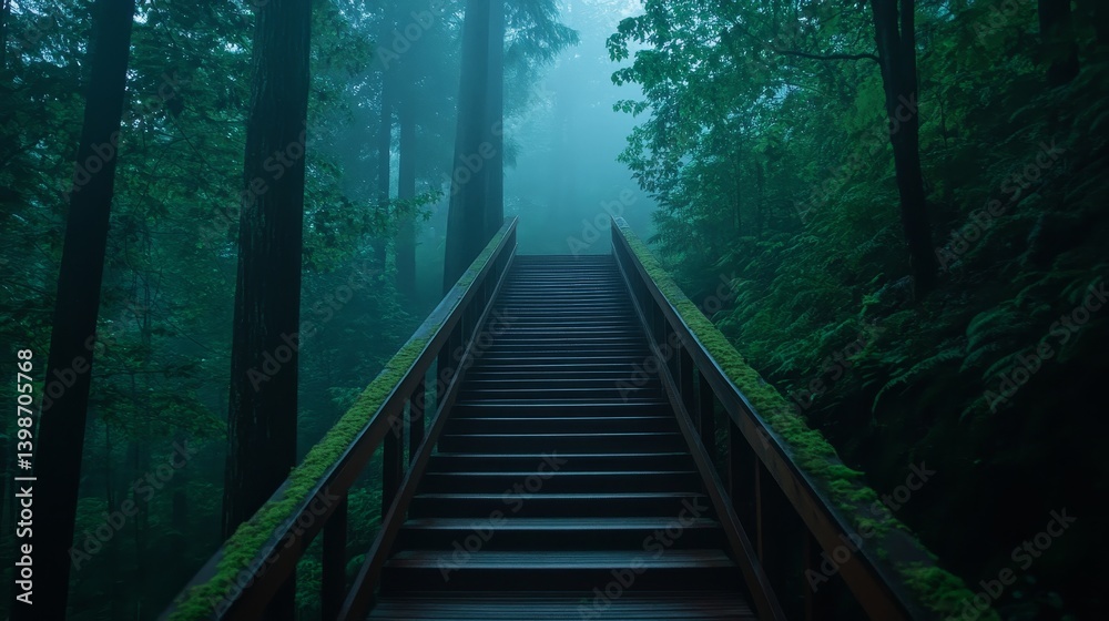 Obraz premium A wooden staircase ascends through lush green woodland, surrounded by morning mist and illuminated by gentle, filtered natural light