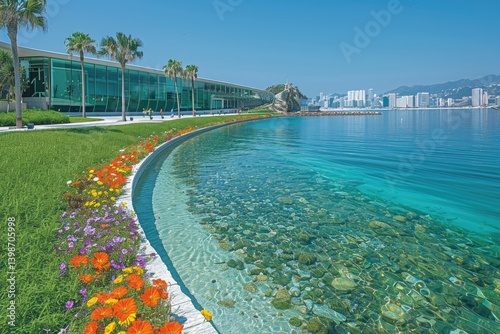A modern building overlooking water with palm trees and flowers