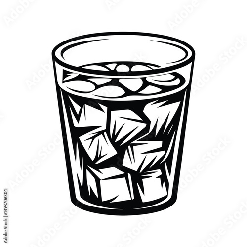 Black and White of a Tall Glass Filled with Ice Cubes on White