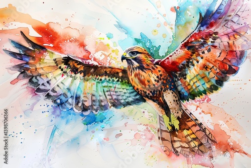 A watercolor painting of a hawk in mid-flight, with vibrant colors and abstract details