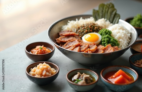 Korean bibimbap dish with various side dishes in small bowls. Traditional meal includes rice meat oysters vegetables bean sprouts, egg. Delicious fresh lunch dinner perfect for Asian cuisine lovers.