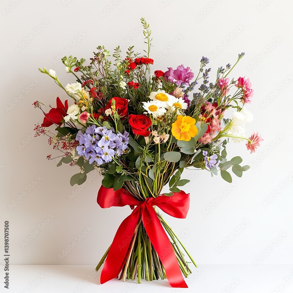 Fototapeta premium Festive Floral Wishes: A Bright Bouquet of Tulips, Poppies, Ranunculus, and Other Flowers Tied with a Red Ribbon.