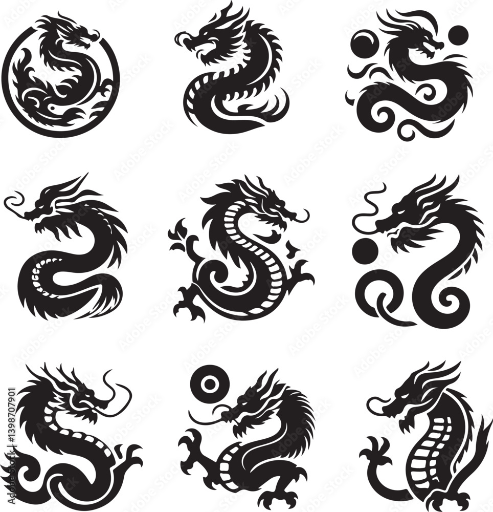 Obraz premium dragon with round shape silhouette victor design isolated on the white background.