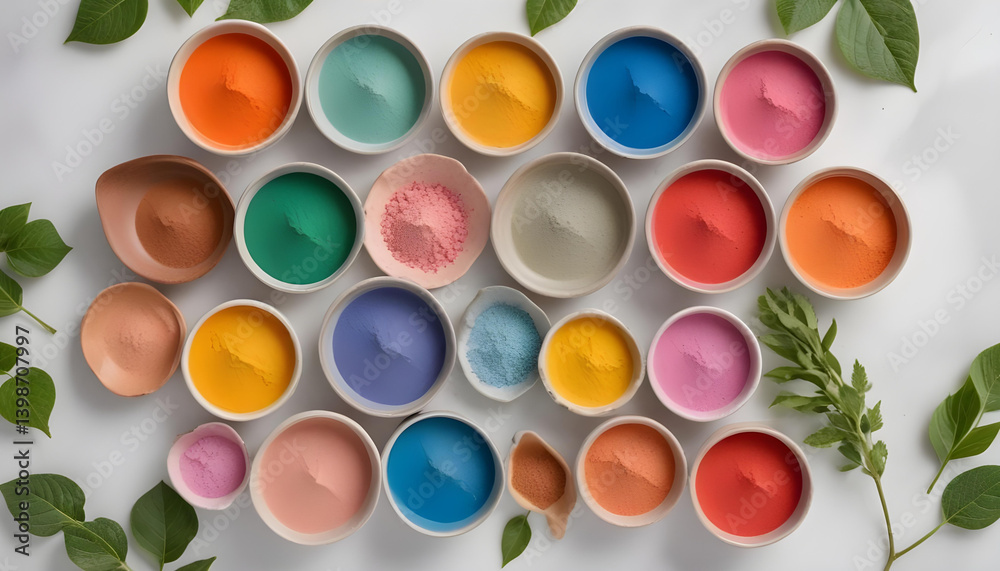 An artistic arrangement of vibrant powder pigments in bowls with fresh green leaves. An artistic arrangement of vibrant powder pigments in bowls with fresh green leaves.